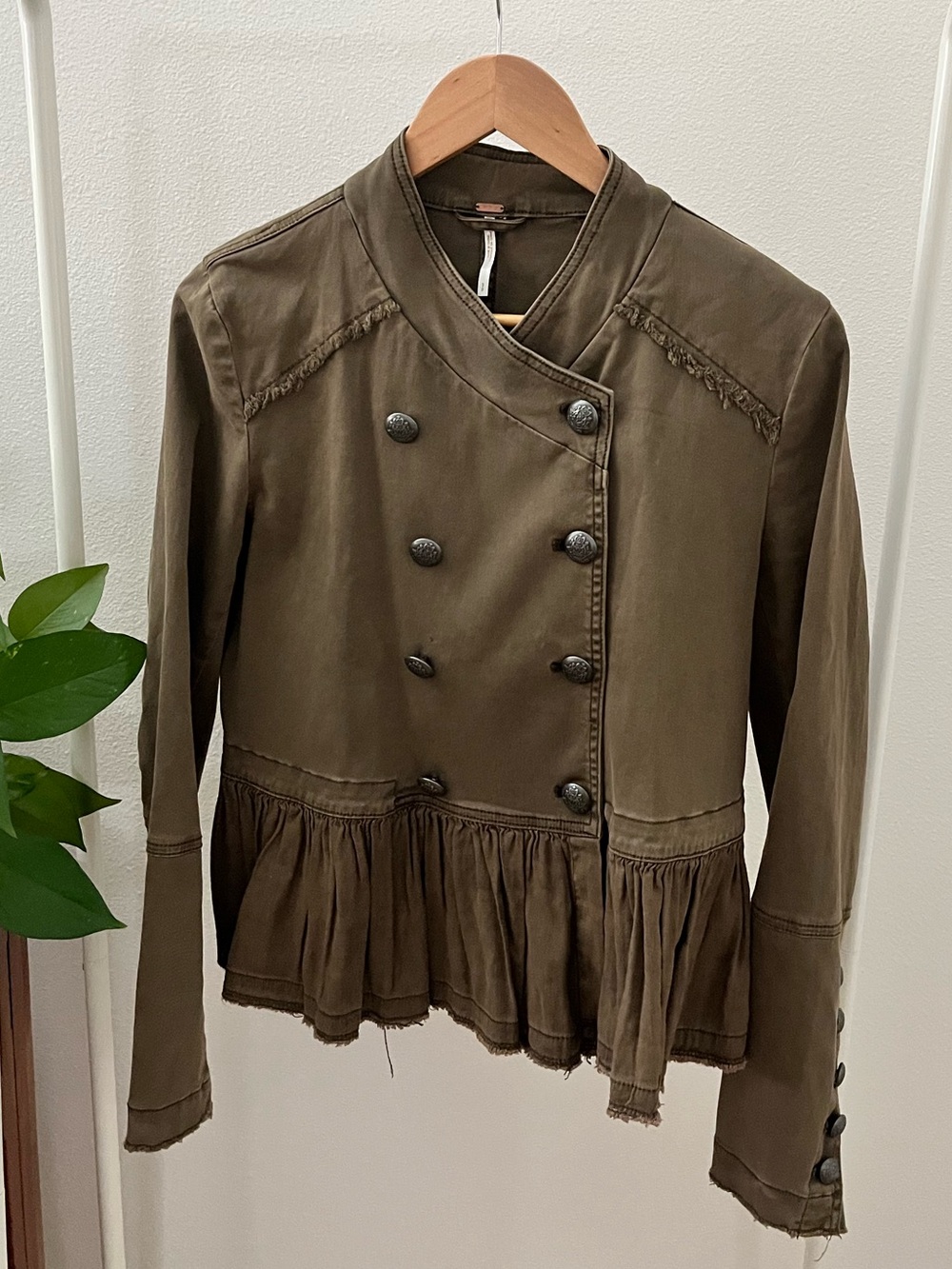 Free People Olive Green Military-Style Peplum Blazer, Size S